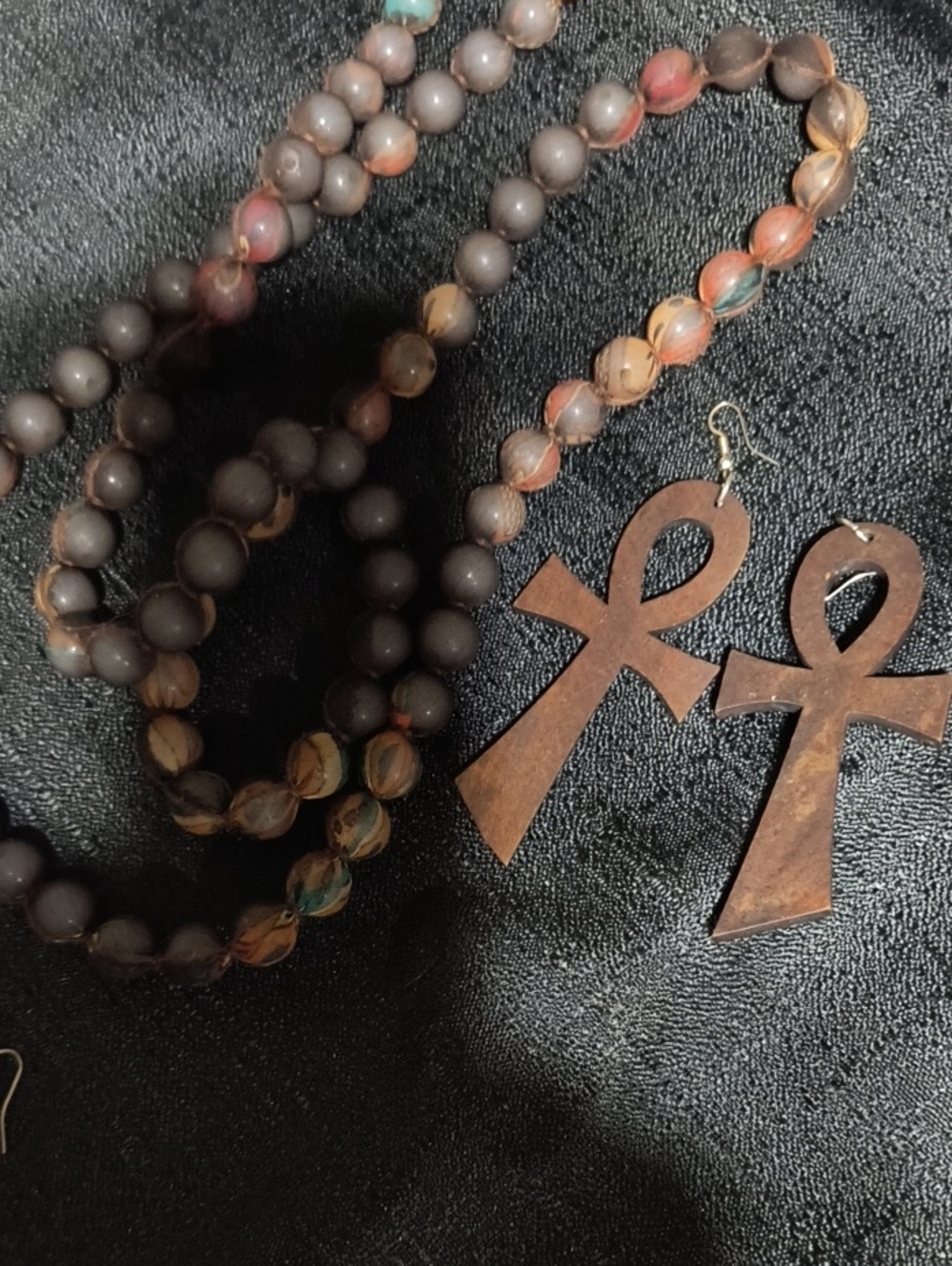 Hand Crafted Brown Wooden Ankh Necklace and Earrings Set